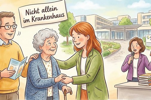 Nicht allein im Krankenhaus Zwei Personen stehen eng beieinander, leicht links von der Mitte: Rechts von den Personen, etwas versetzt, steht eine Frau mit einem freundlichen Gesicht, einem kurzen Haarschnitt und einem Mikrofon (als Darstellung der Referentin Petra Seiter). Sie hält ebenfalls das Buch in der Hand und deutet mit einer Handbewegung auf die Gruppe.